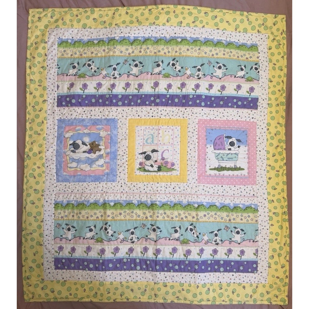 Vintage Handmade Patchwork Baby Quilt Cartoon Cow Sheep Farm Theme Whimsical VTG